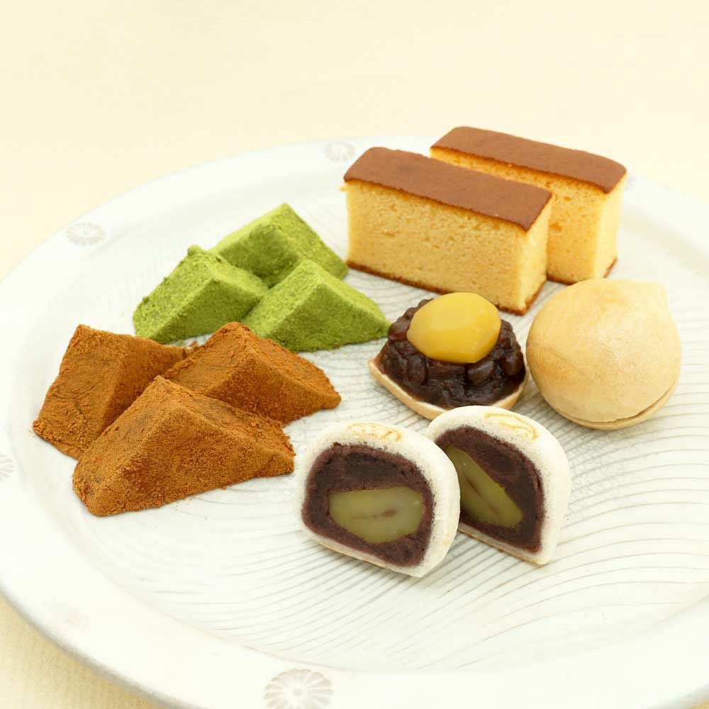 本わらび餅250g・抹茶本わらび餅250g・かすてら・天上天鼓2個・天楽2個